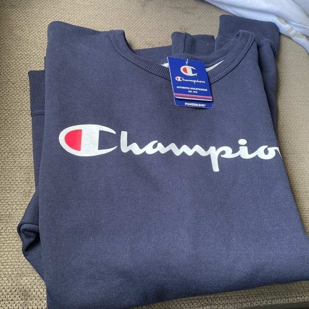 Vintage Champion Shirt‎ Mens Size 2XL Navy Blue With Graphics Long Sleeve Logos